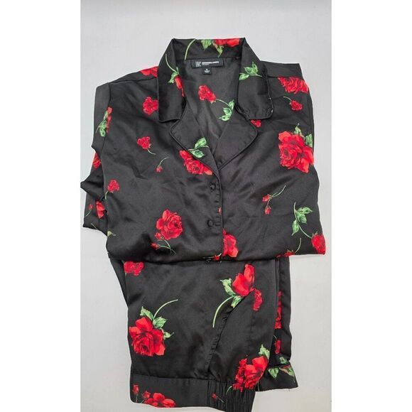 Womens INC International Concepts Intimates Rose Print Pajama Set M Black & Red - Picture 1 of 6